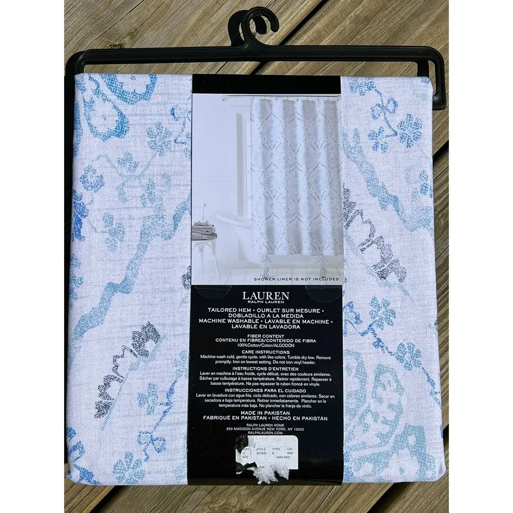 Ralph Lauren Fabric Shower Curtain White / Blue Medallion Cotton New 72x70”
